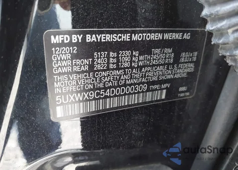 2013 BMW X3 xDrive28I из США, поврежденный, VIN 5UXWX9C54D0D00309